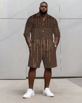 Big & Tall Men's Business Brown Geometric Stripe Print Long Sleeve Shirt Shorts Set